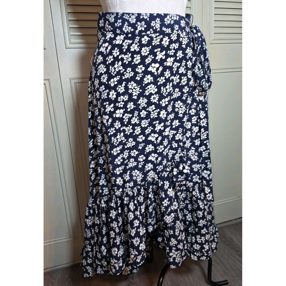 Polo by Ralph Lauren Blue Floral Ruffle Wrap Skirt 4 Boho Luxury Designer NWT